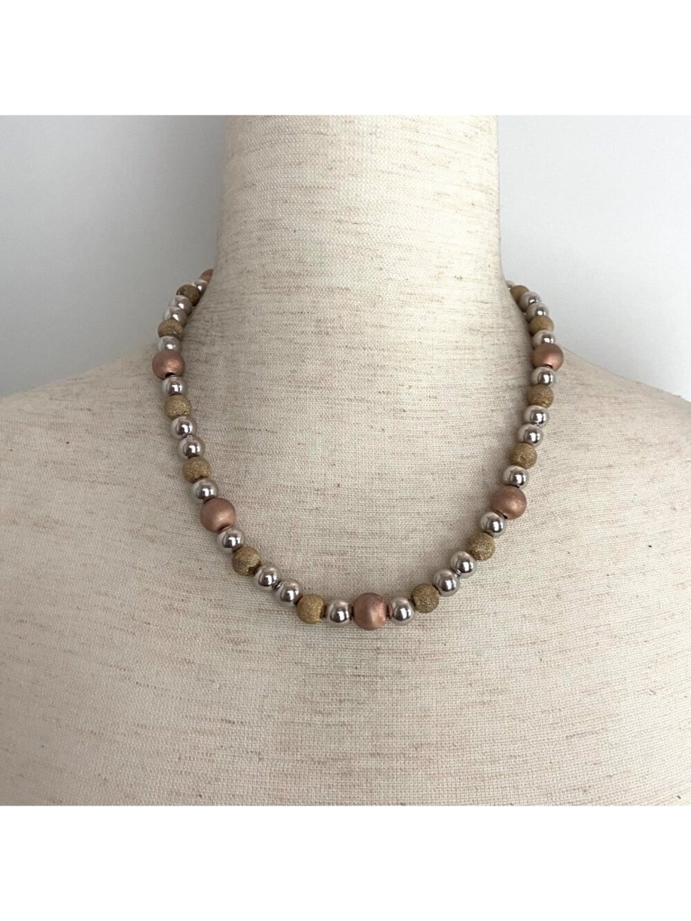 Tri Color Sterling Silver 925 Italy Brushed Gold Vermeil Beaded Chain Necklace